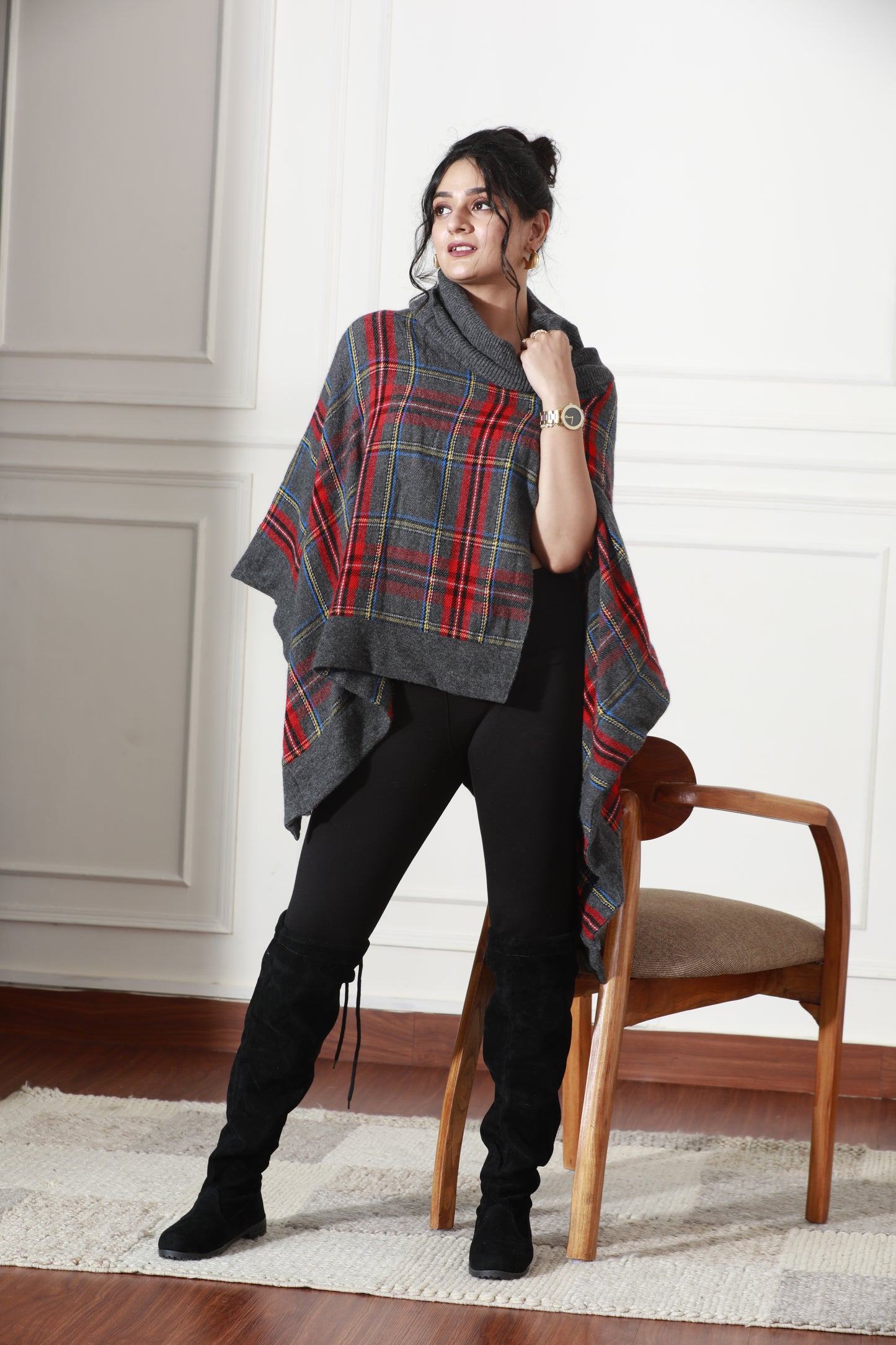 Winter Plaid Crest Poncho