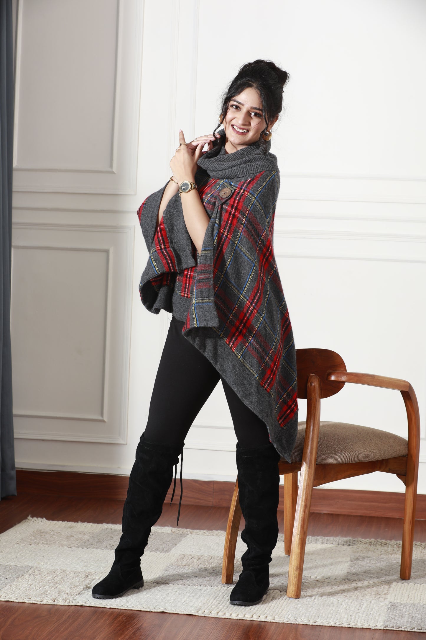 Winter Plaid Crest Poncho