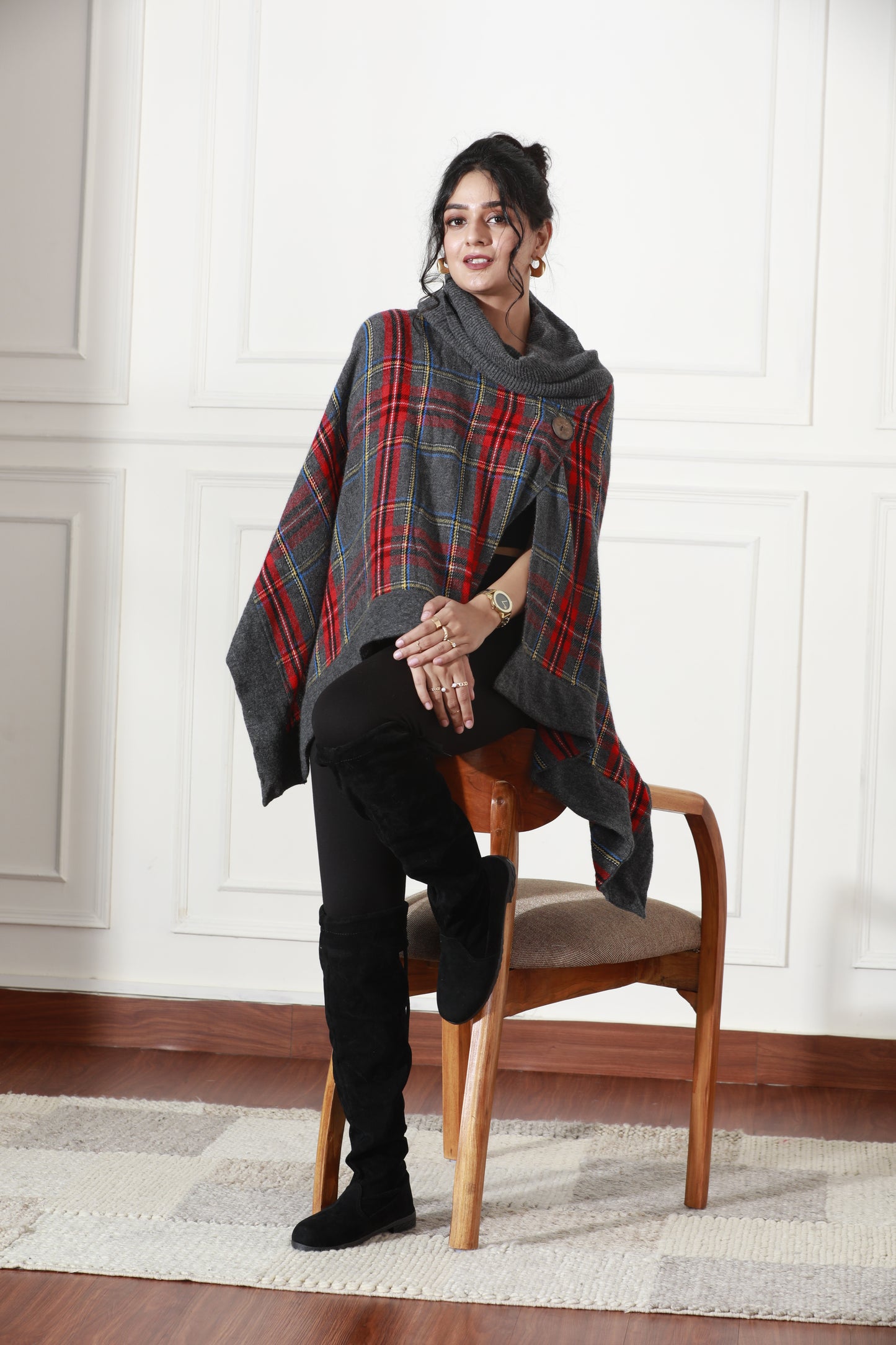 Winter Plaid Crest Poncho