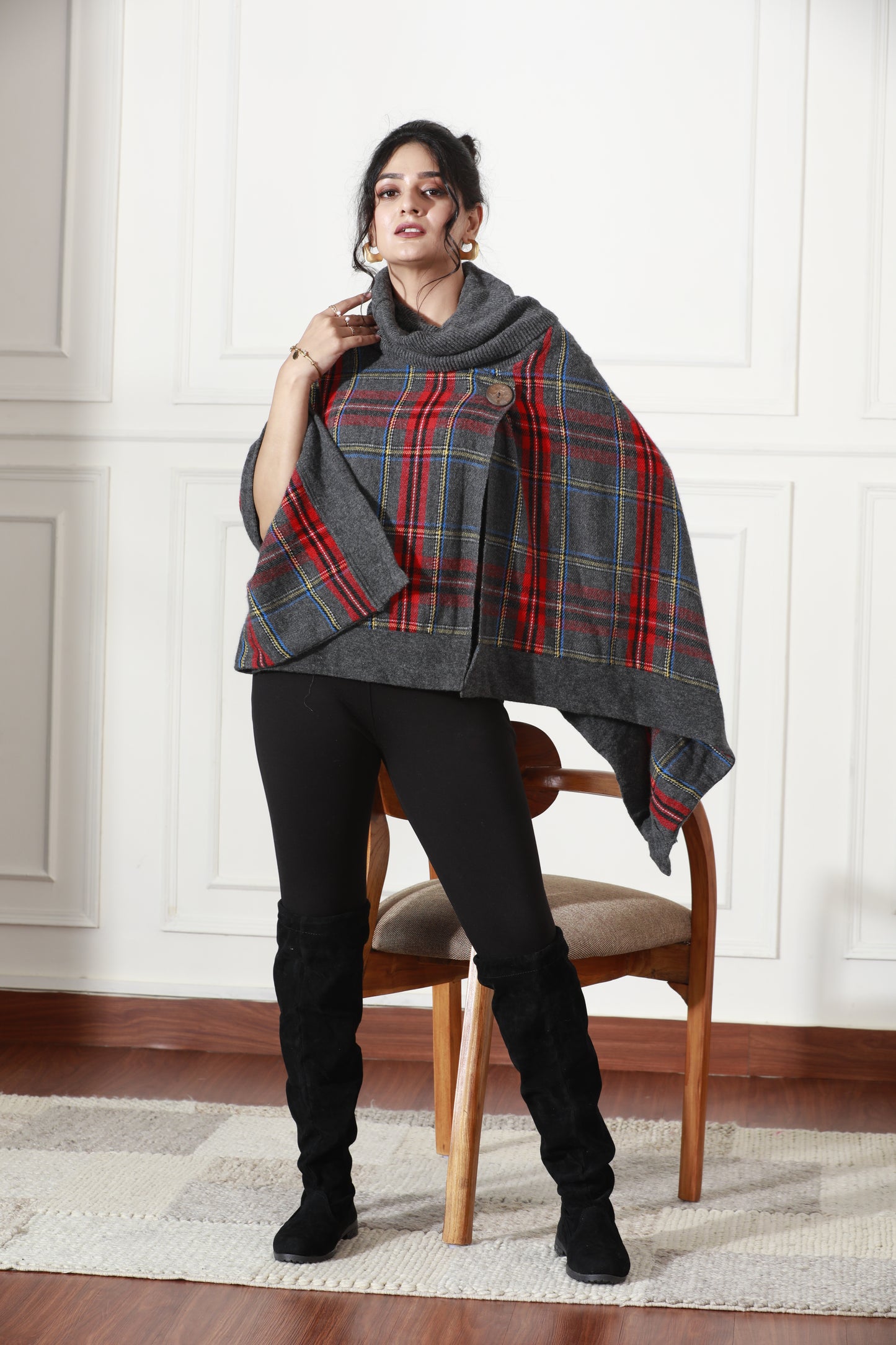Winter Plaid Crest Poncho