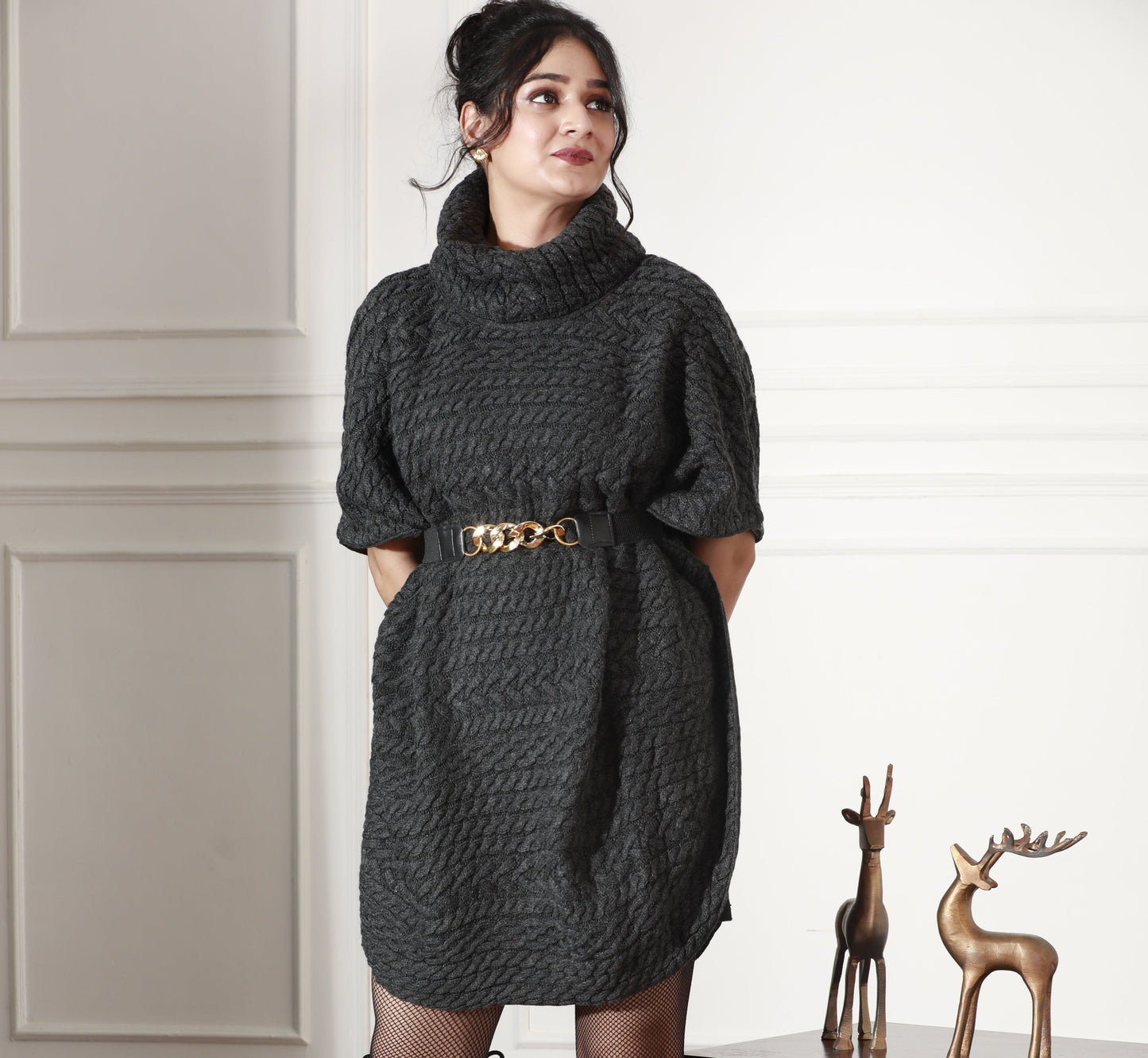 Charcoal Weave Cocoon Poncho